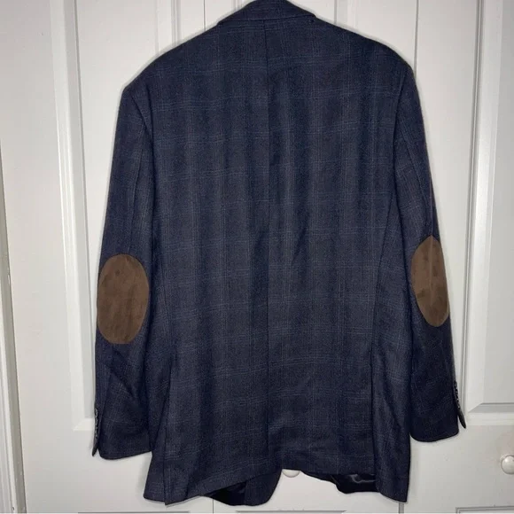 Lauren Ralph Lauren Grey 100% Wool Blazer Windowpane Size 44L Suede Elbow Patch - Picture 2 of 12